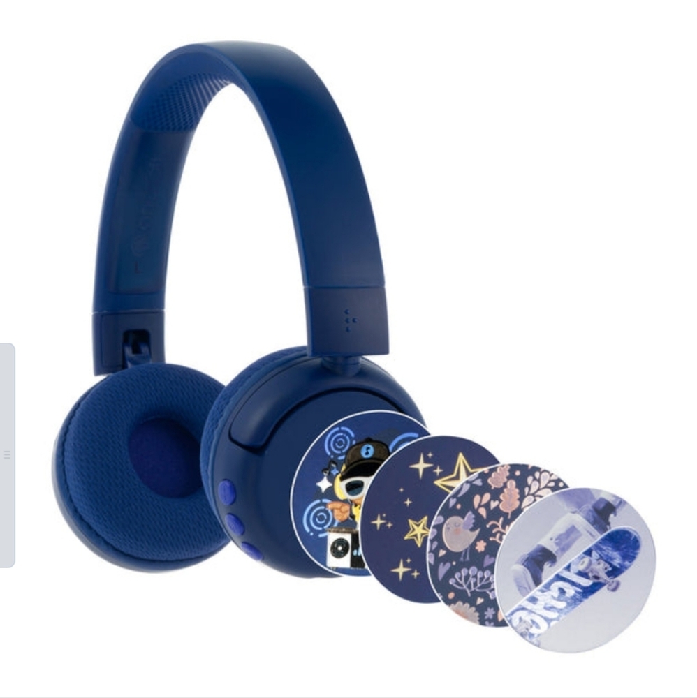 BuddyPhones POP Fun Kids Headphones – SafeAudio Bluetooth, Blue, Stickers, Mic